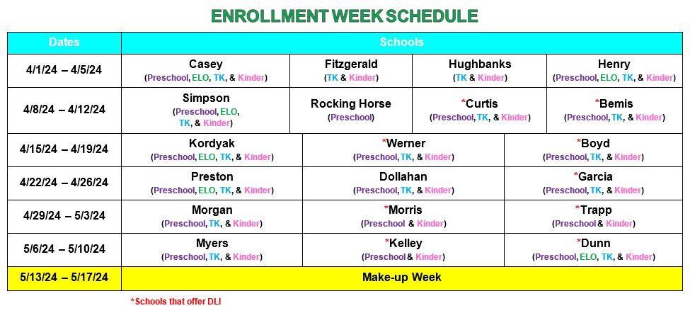 Preschool, TK, Kinder Enrollment Week Schedule